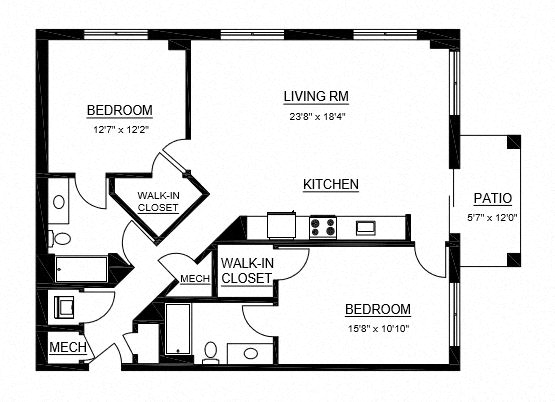 Floor plan for 2 beds, 2 baths, 1206 sqft